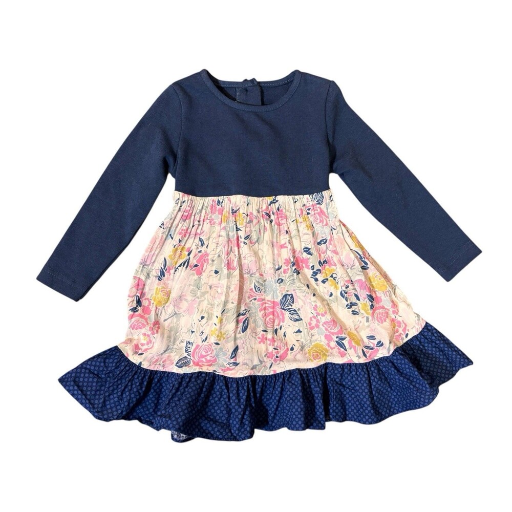 Ricrac & Ruffles Girls 3T Long Sleeve Dress Blue Floral Ruffle Hem